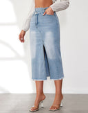Chic Women's Denim Midi Skirt with High Slit & Frayed Hem