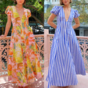 Chic Maxi Dress with Ruffled Sleeves and Deep V-Neck