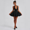 Chic Women's Deep V-Neck Short Dress with Flared Skirt