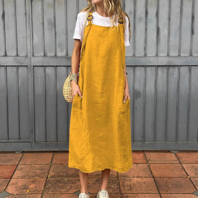 Women’s Linen Dungaree Dress with Side Pockets and Adjustable Straps