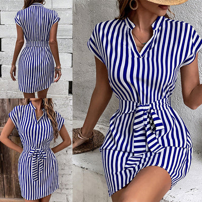 Striped Women's Short-Sleeve Wrap Dress with Waist Belt