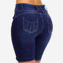 High-Waisted Denim Bermuda Shorts with Button Detail