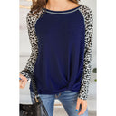 Chic Women's Long Sleeve Blouse with Leopard Print Sleeves and Knot Accent