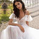 Chic Wedding Dress with Sheer Puff Sleeves and Glittering Bodice