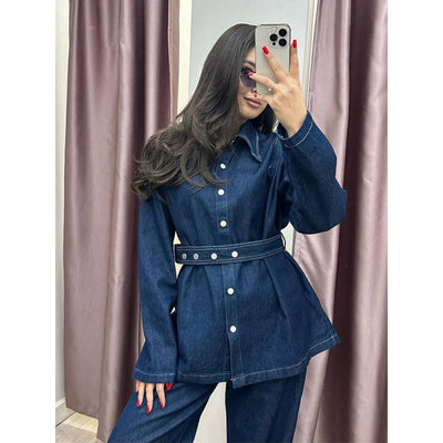 Vintage Denim Blazer Set with Waist Belt