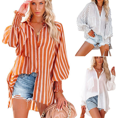Striped Patterned Women's Blouse with Wide Sleeves