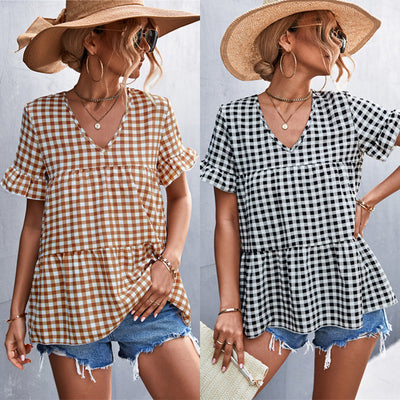 Chic Ruffled Hem Check Blouse for Women