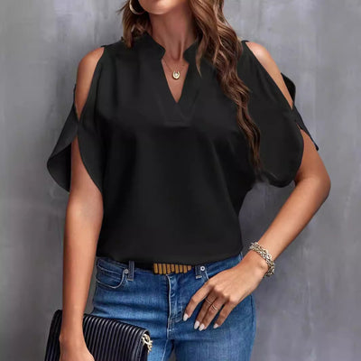 Chic Women's Blouse with Cut-Out Sleeves and Stand-Up Collar