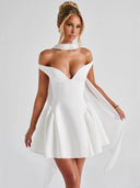 Women's Off-Shoulder Cocktail Dress with Flared Skirt and Stylish Draping