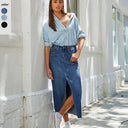 Chic Women's Denim Midi Skirt with Side Slit