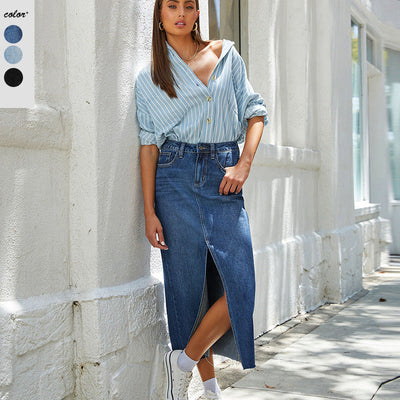 Chic Women's Denim Midi Skirt with Slit Design