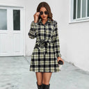 Checked Pattern Women's Shirt Dress with Adjustable Belt