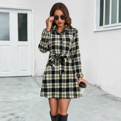 Checked Pattern Women's Shirt Dress with Adjustable Belt