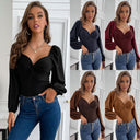 Chic Women's Bodysuit with Knot Accents and Puff Sleeves