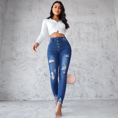 Trendy High-Waist Skinny Jeans with Stylish Rips and Button Accents