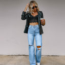 Chic High-Waist Wide-Leg Jeans with Trendy Rips