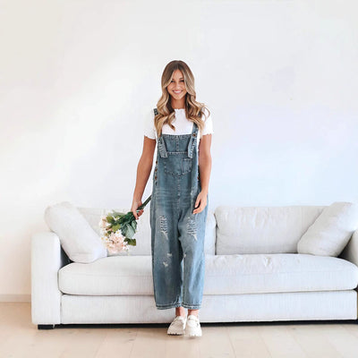 Trendy Women's Destroyed Detail Overalls with Relaxed Fit