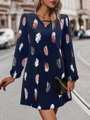 Chic Feather Print Women's Dress with V-Neck Design