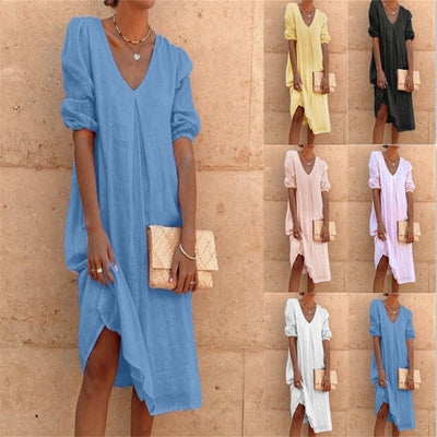 Chic V-Neck Linen Puff Sleeve Dress for Women