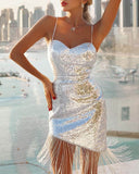 Glittering Fringe Spaghetti Strap Cocktail Dress