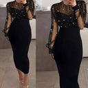 Chic Evening Dress with Sheer Sleeves & Pearl Accents
