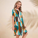 Geometric Pattern Women's Short Sleeve Dress with Button Placket