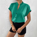 Stylish Short Sleeve Blouse with Stand-Up Collar and Button Accents