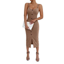 Chic Women's Knee-Length Ribbed Dress with Button Accents