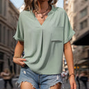 Chic Women's V-Neck Blouse with Pocket & Rolled Sleeves