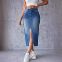 Chic Denim Midi Skirt with Side Slit & Frayed Hem