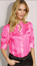Chic Satin Blouse with Puff Sleeves and Contemporary Collar