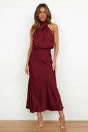 Chic Maxi Dress with Stand-Up Collar and Draped Design
