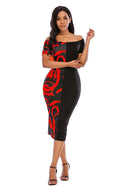 Chic Off-Shoulder Midi Dress with Eye-Catching Graphic Print