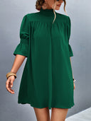 Chic Short-Sleeve Dress with Stand Collar and Flowing Sleeves