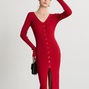 Chic Women’s Long-Sleeve Maxi Dress with Ribbed Design and Button Accent