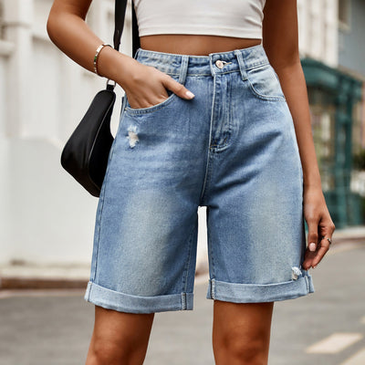 Chic Cuffed Hem Denim Shorts for Women