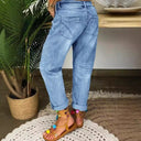 Distressed Women's Boyfriend Jeans with Button Closure