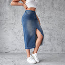 Trendy Women's High Slit Denim Skirt with Frayed Hem