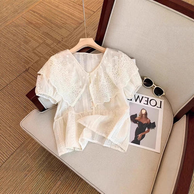 Chic Women's Blouse with Lace Trim and Ruffled Accents
