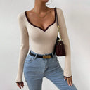 Women's V-Neck Long Sleeve Bodysuit with Stylish Contrast Accents