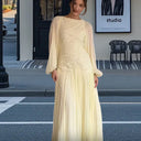 Chic Pleated Maxi Dress with Ruffles and Long Sleeves