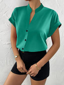 Stylish Short Sleeve Blouse with Stand-Up Collar and Button Accents