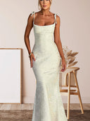Women’s Long Sleeve Floral Jacquard Evening Dress with Chic Back Cutout