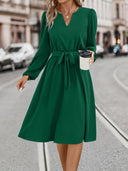V-Neck Women's Dress with Waist Belt and Long Sleeves