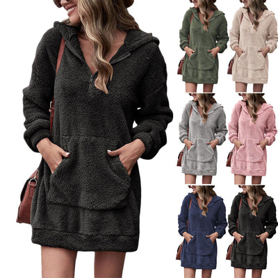 Cozy Hooded Fleece Dress with Zippered Pockets
