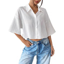 Textured Women's Short Sleeve Blouse with Modern Collar