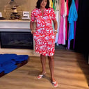 Graphic Print Short Sleeve Shirt Dress with Side Pockets