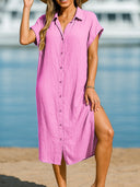 Chic Women's Shirt Dress with Side Slit & Button Accents