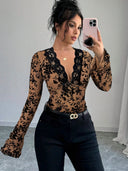 Women's Lace Top with Deep V-Neck & Ruffle Accents