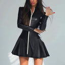 Chic Women's Faux Leather Mandarin Dress with Flowy Skirt